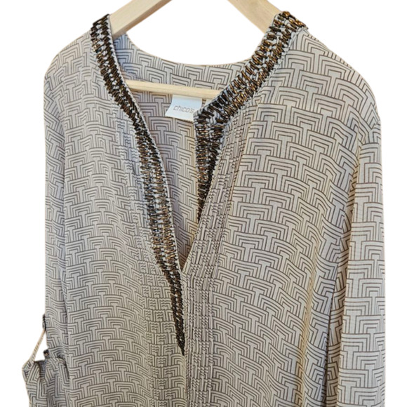 Chico's Women's Tunic Blouse VNeck Beaded Rolled Sleeves Brown Size 2 (Large) - Picture 2 of 10